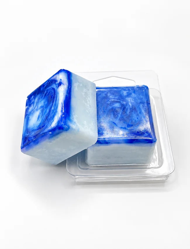 Blue marbled Single Soy Wax Melt with clear mini clamshell