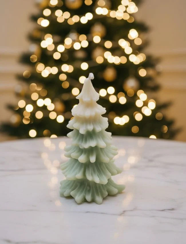 Green and white Snowfall Tree soy candle