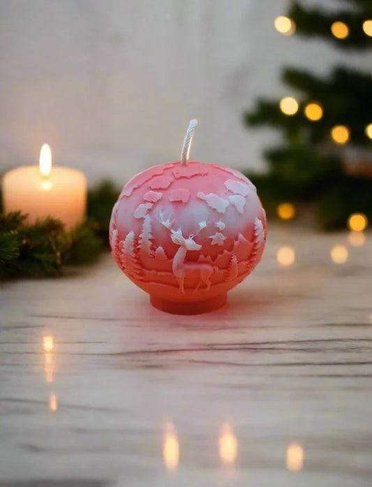 Red Winter Globe soy candle with reindeer and forest detail